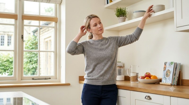 A person in a bright daytime kitchen pausing while reaching toward a high shelf, one hand lightly at the side of the head