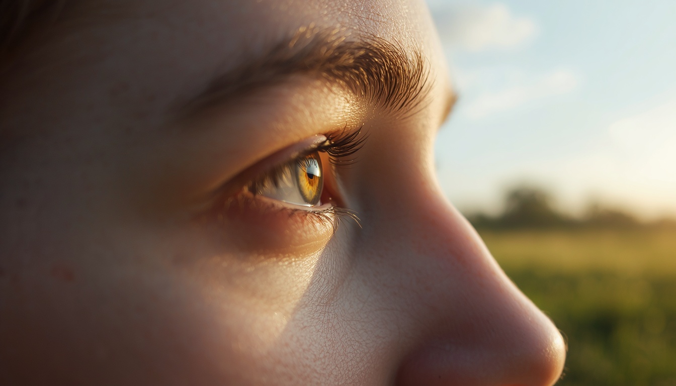 Close-up of a human eye looking into the distance under natural outdoor light, symbolizing vision evolved for far viewing rather than prolonged near work