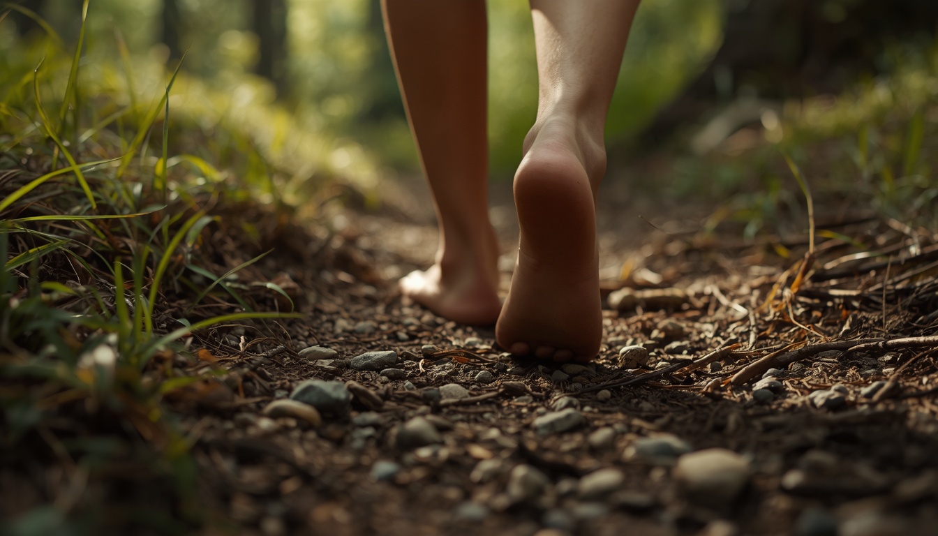 Bare human feet adapting to natural uneven terrain with soft earth, grass, and small roots, symbolizing the sensory input and strength our feet evolved to receive