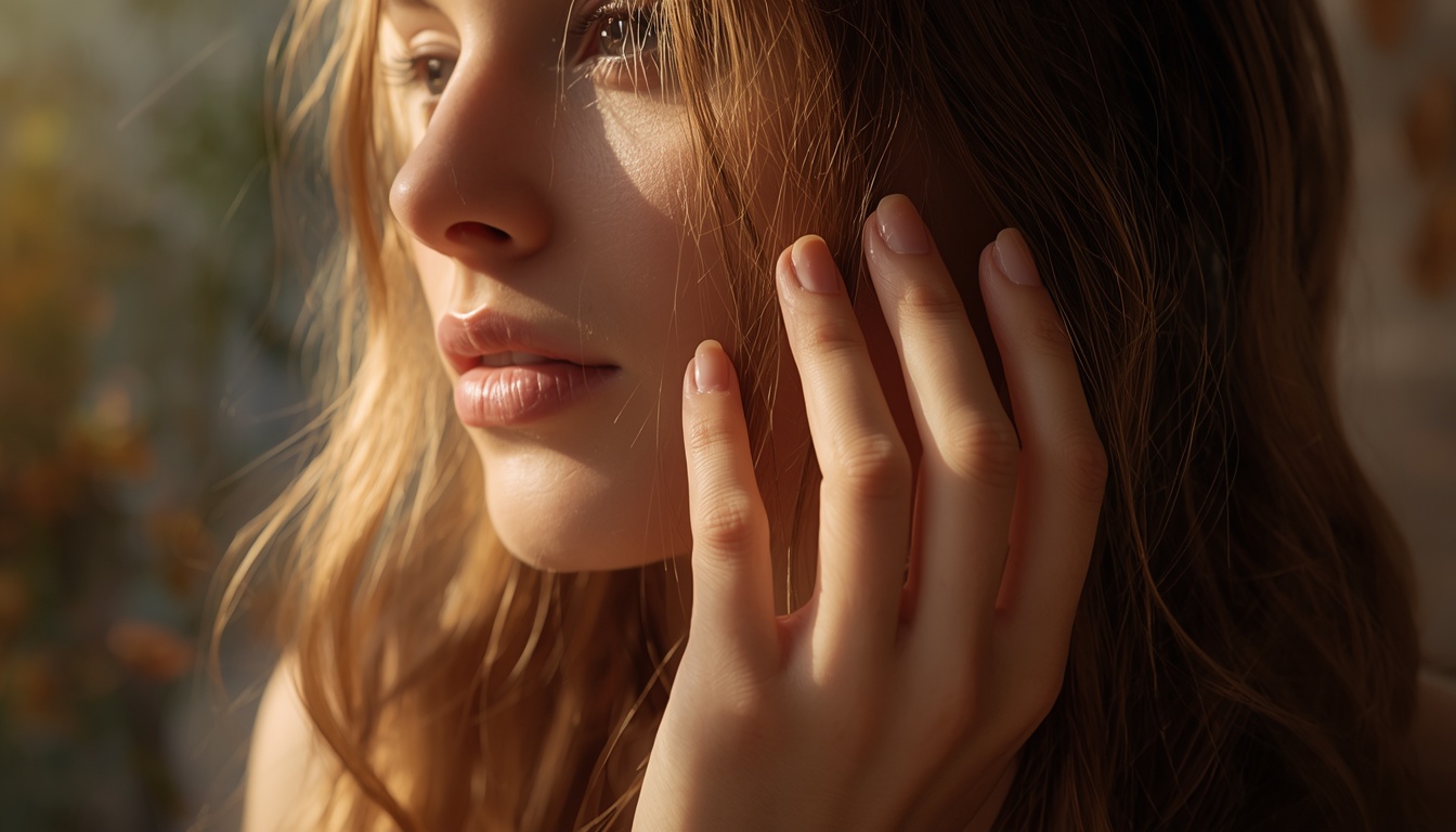 Close-up of healthy human hair and natural nails softly illuminated by shifting seasonal light, suggesting residual biological rhythms in a modern world
