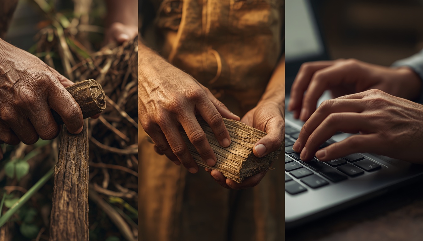 Strong human hands gripping natural tools and materials in outdoor light, contrasted with modern light keyboard or screen use, illustrating the loss of daily mechanical loading