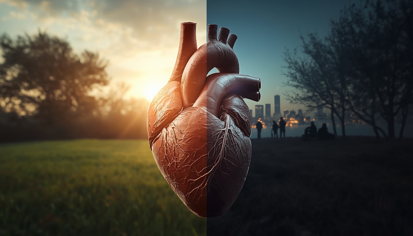 Symbolic image of a human heart blending natural outdoor elements with modern urban and lifestyle contrasts, representing heart disease as an evolutionary mismatch