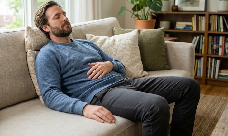 Person resting on a daytime sofa with one hand lightly on the upper abdomen after noticing a pulse