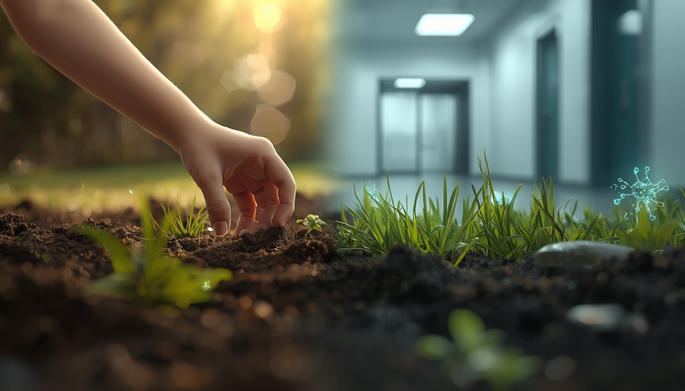 Hand gently touching soil and natural outdoor elements rich in microbial life, contrasted with a sterile modern indoor environment, symbolizing the loss of ancestral immune training