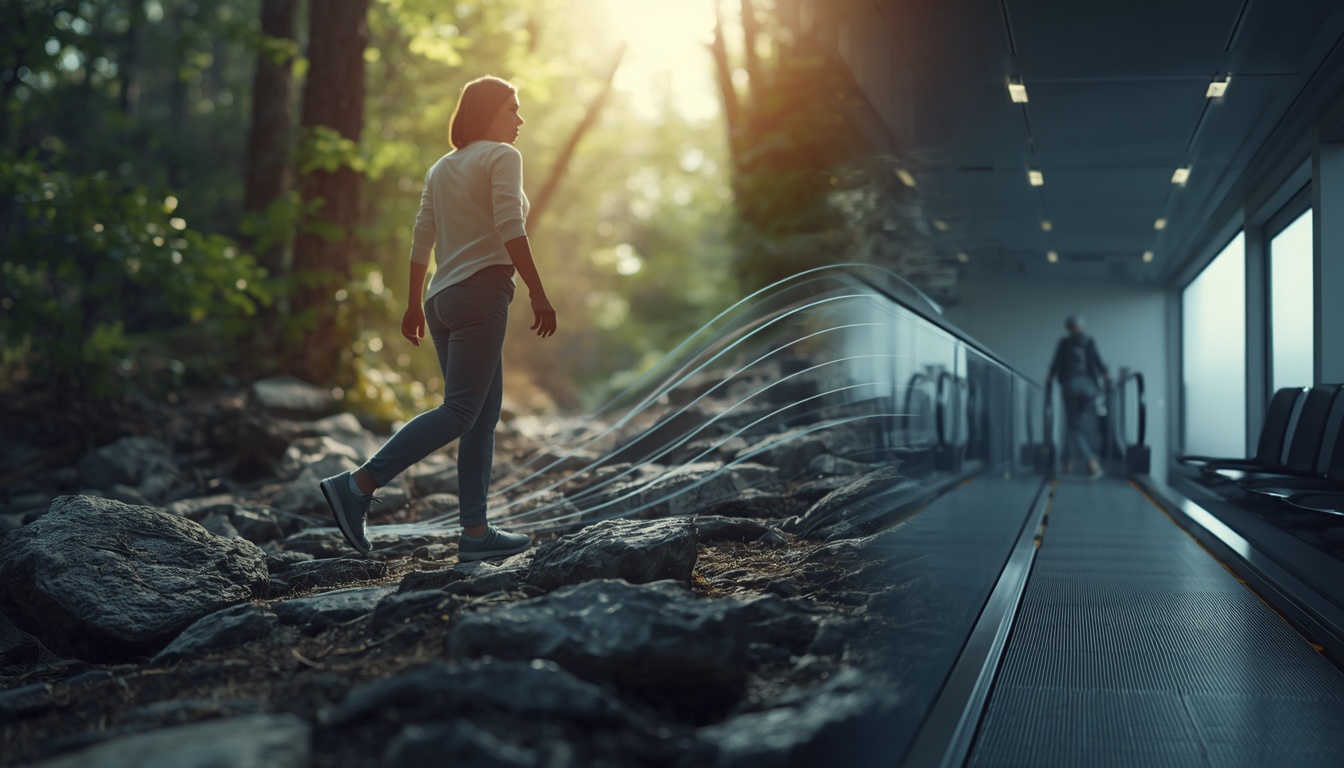 Person walking with natural balance across uneven outdoor terrain, contrasted with modern flat floors and passive vehicle motion, illustrating under-stimulation of the vestibular system