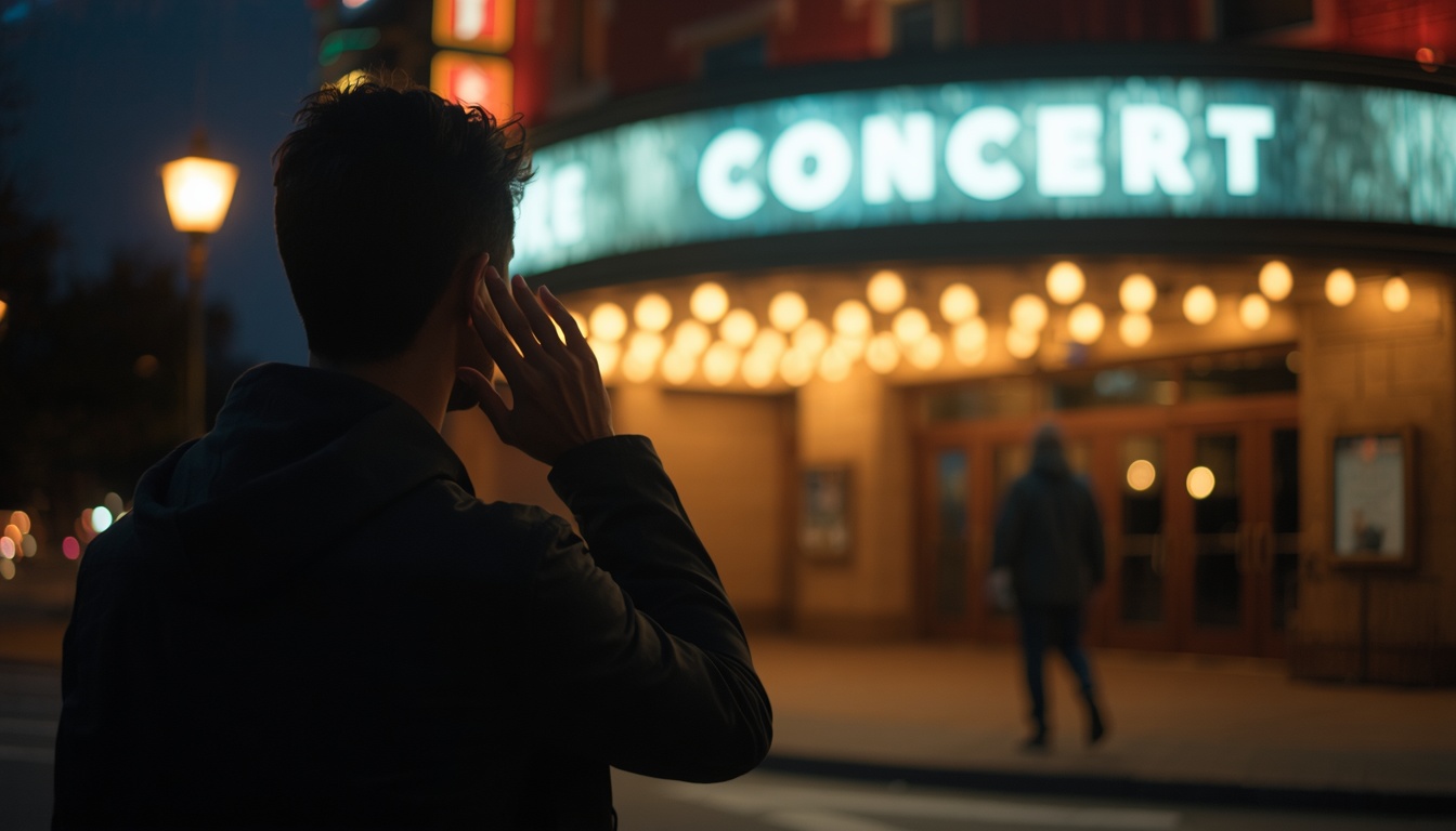 Quiet street after a concert, a person walking away from a venue with hands loosely at their sides, late-night city lights soft in the background