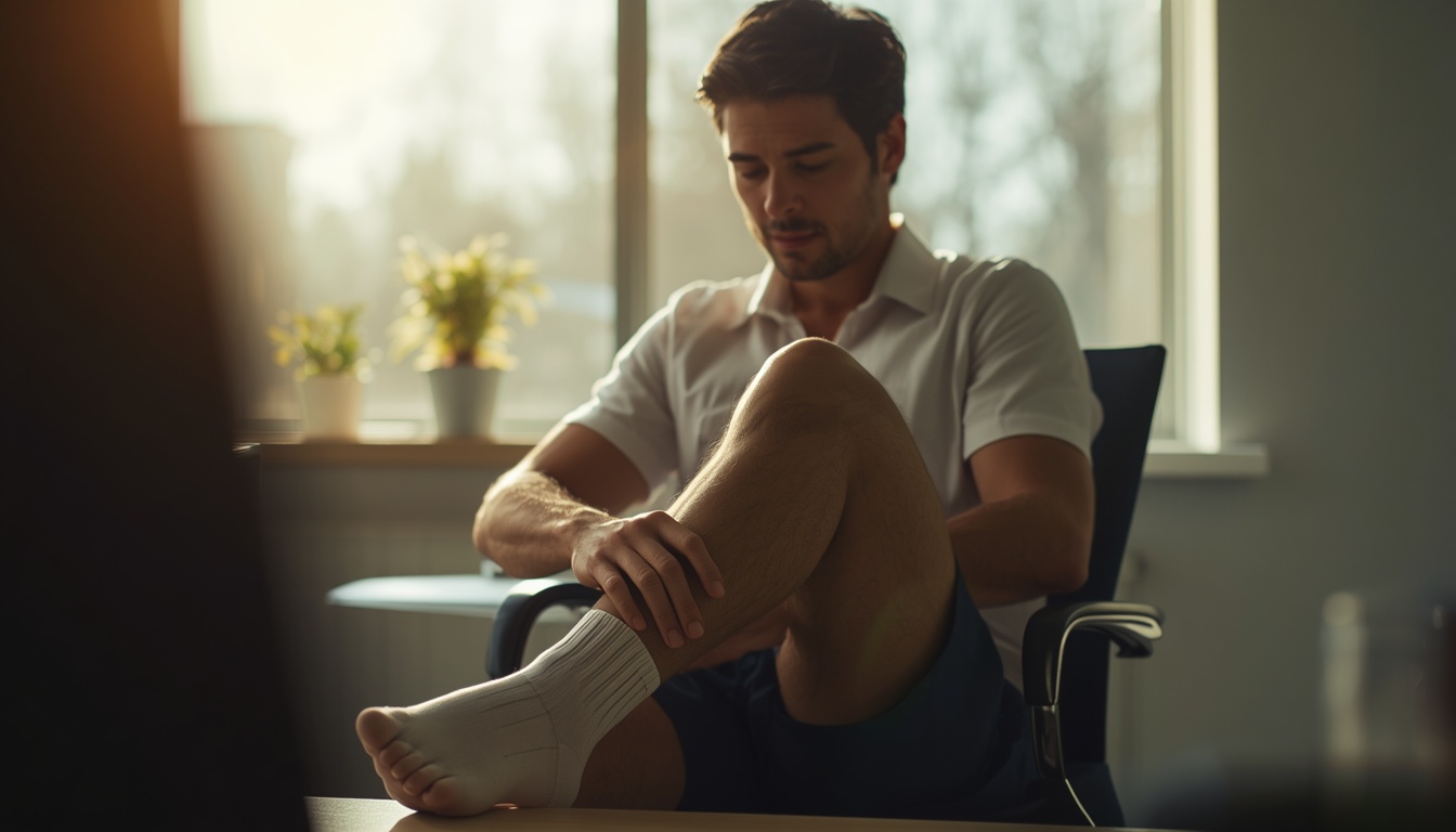 Person at a sunlit desk uncrossing their legs and looking at mildly puffy ankles after a long sit, calm natural light