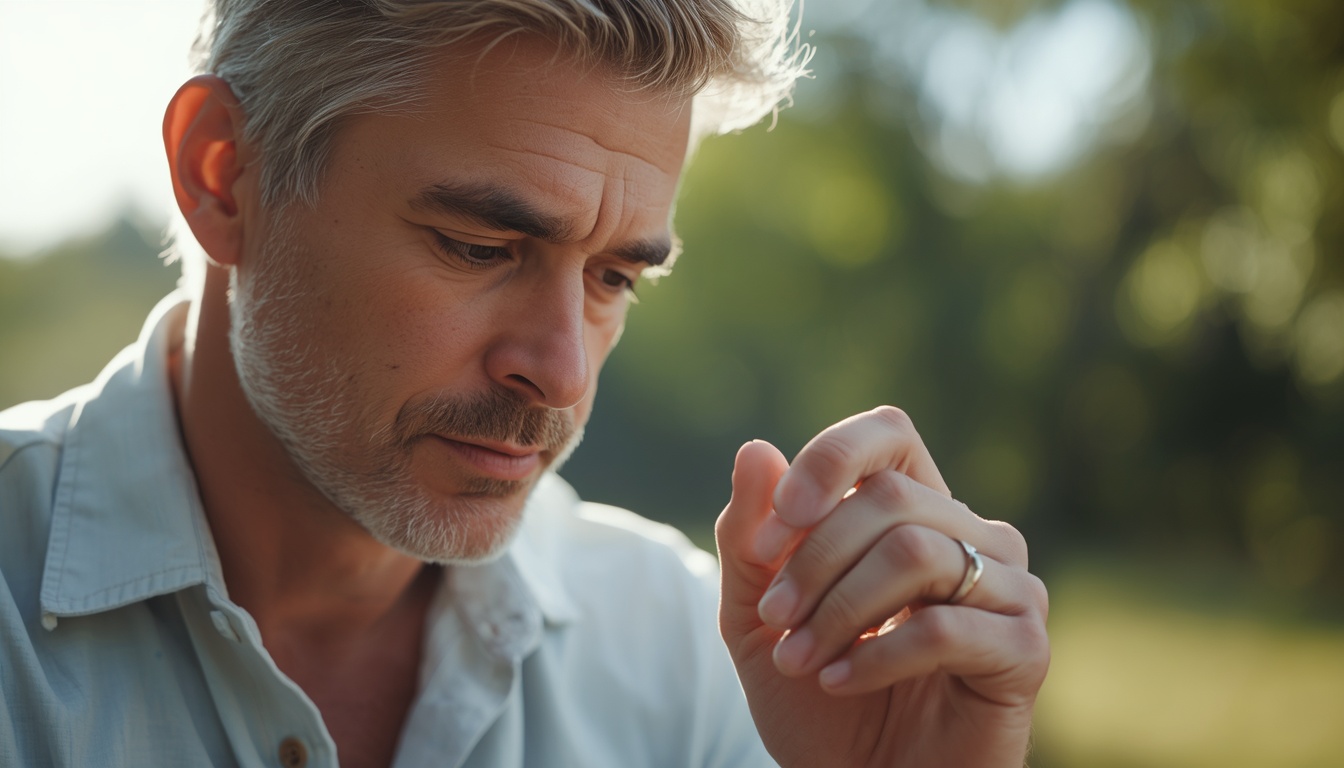 Person outdoors on a bright warm day glancing at a slightly tight ring on a mildly puffy finger, calm natural light