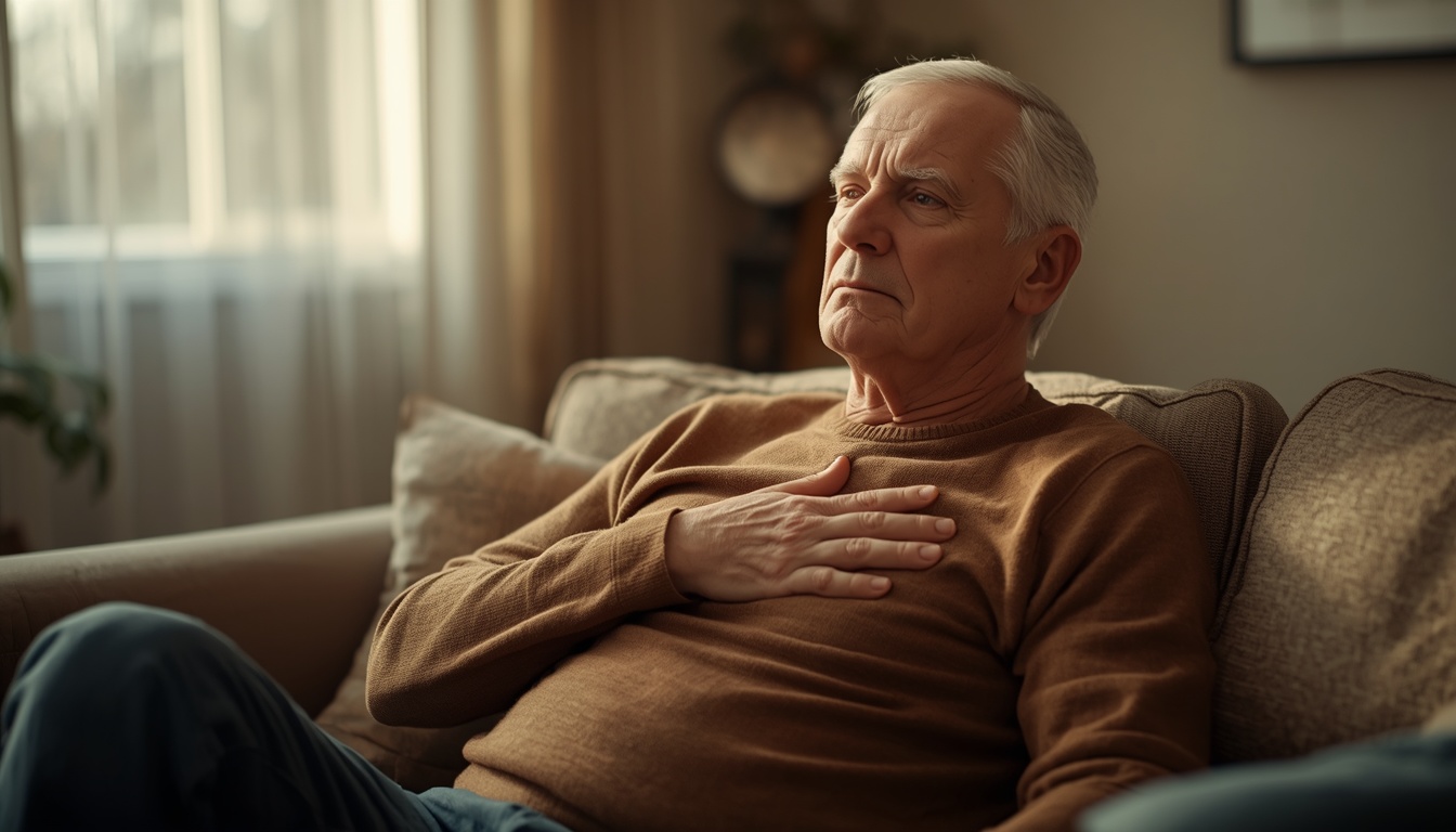 Adult pausing mid-day with a hand lightly on the chest after noticing a skipped heartbeat