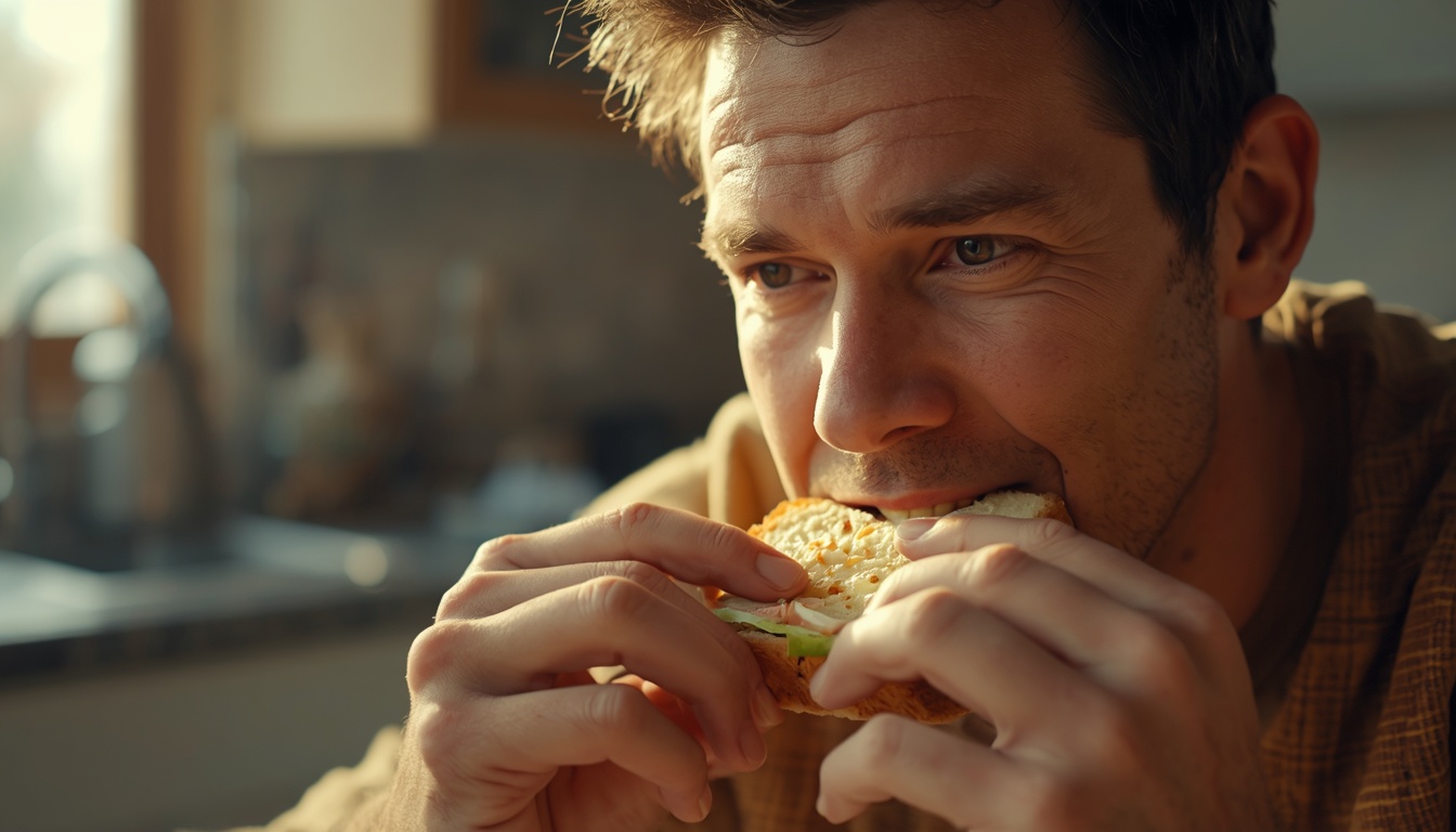 Adult pausing mid-chew at a table with a calm expression as the jaw moves through a bite