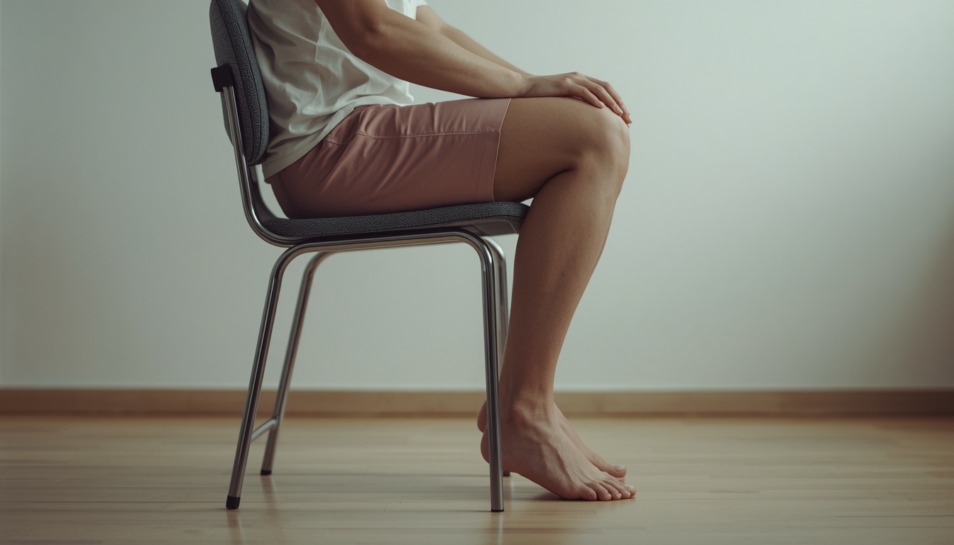 Adult standing up from a wooden chair in warm indoor light, one knee mid-extension as if a painless pop has just occurred