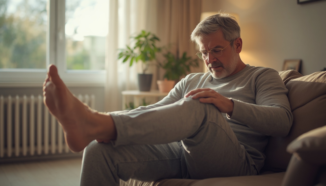 Adult uncrossing legs after sitting, noticing pins and needles as feeling returns