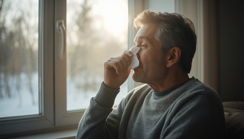 Healthy adult indoors on a dry winter day gently holding a tissue to one nostril near a sunlit window, calm realistic mood