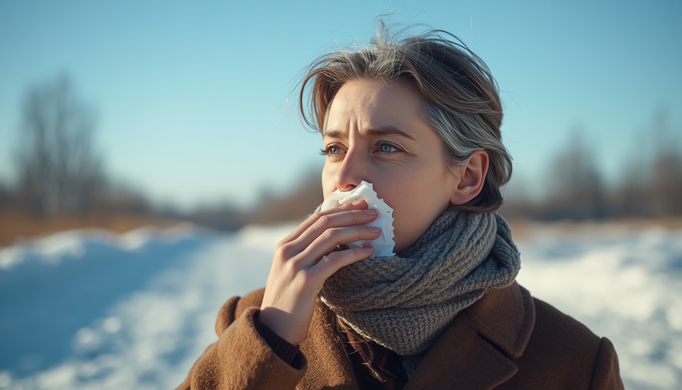Adult outdoors on a cold bright day reaching for a tissue as a clear runny nose begins in winter air