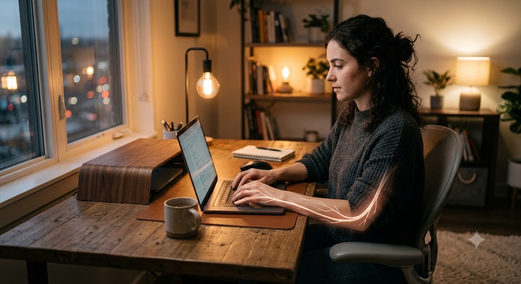 Wooden desk edge in soft morning light with an empty chair pulled slightly back, suggesting an elbow that no longer rests on a hard surface