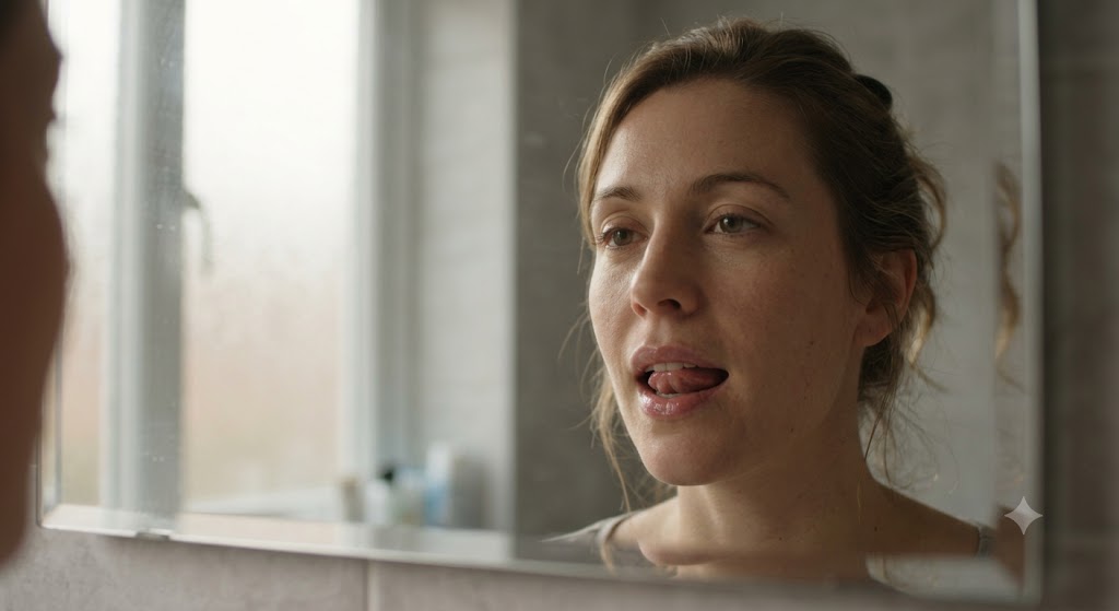 Adult at a bathroom mirror in soft morning light noticing a thin white film on the tongue after a night of low saliva