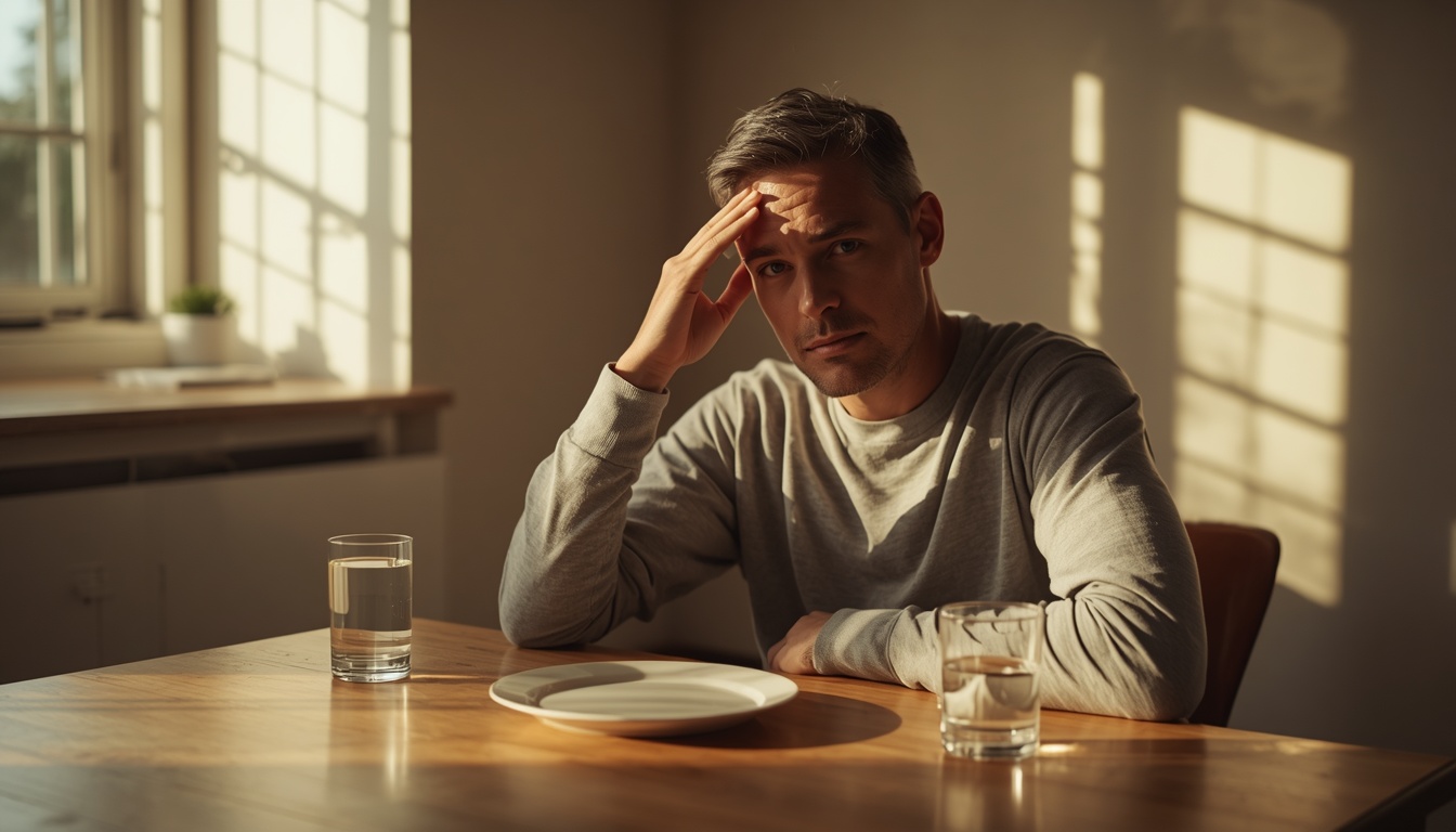Person at a sunlit kitchen table holding a temple after a missed meal, empty plate nearby, calm natural light