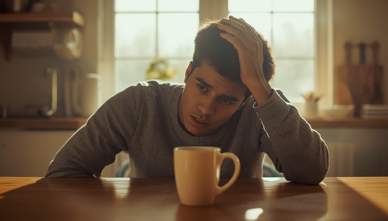Person holding a temple with a mild morning headache beside an empty coffee mug on a kitchen table in soft natural light