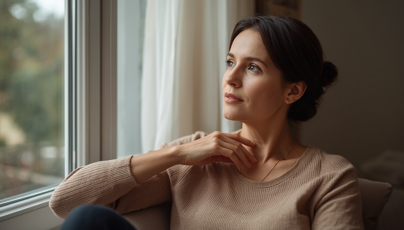 Calm adult sitting by a window with a hand resting loosely near the collarbone, soft natural light, relaxed indoor setting