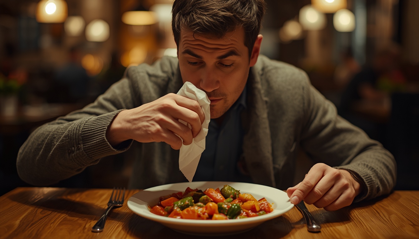 Adult at a restaurant table pausing over a spicy dish as a clear runny nose begins, warm restaurant lighting