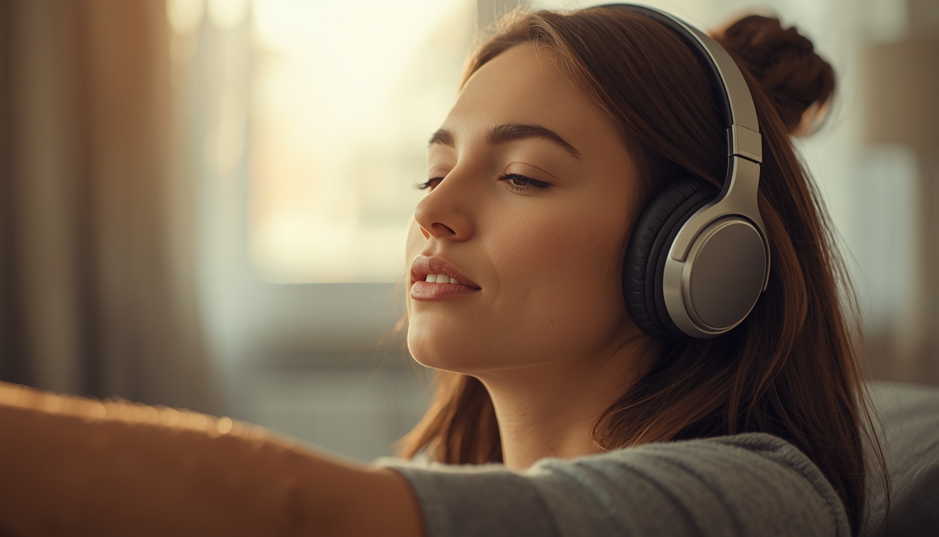 Adult listening to music through headphones with a quiet look of surprise as goosebumps rise on their forearm
