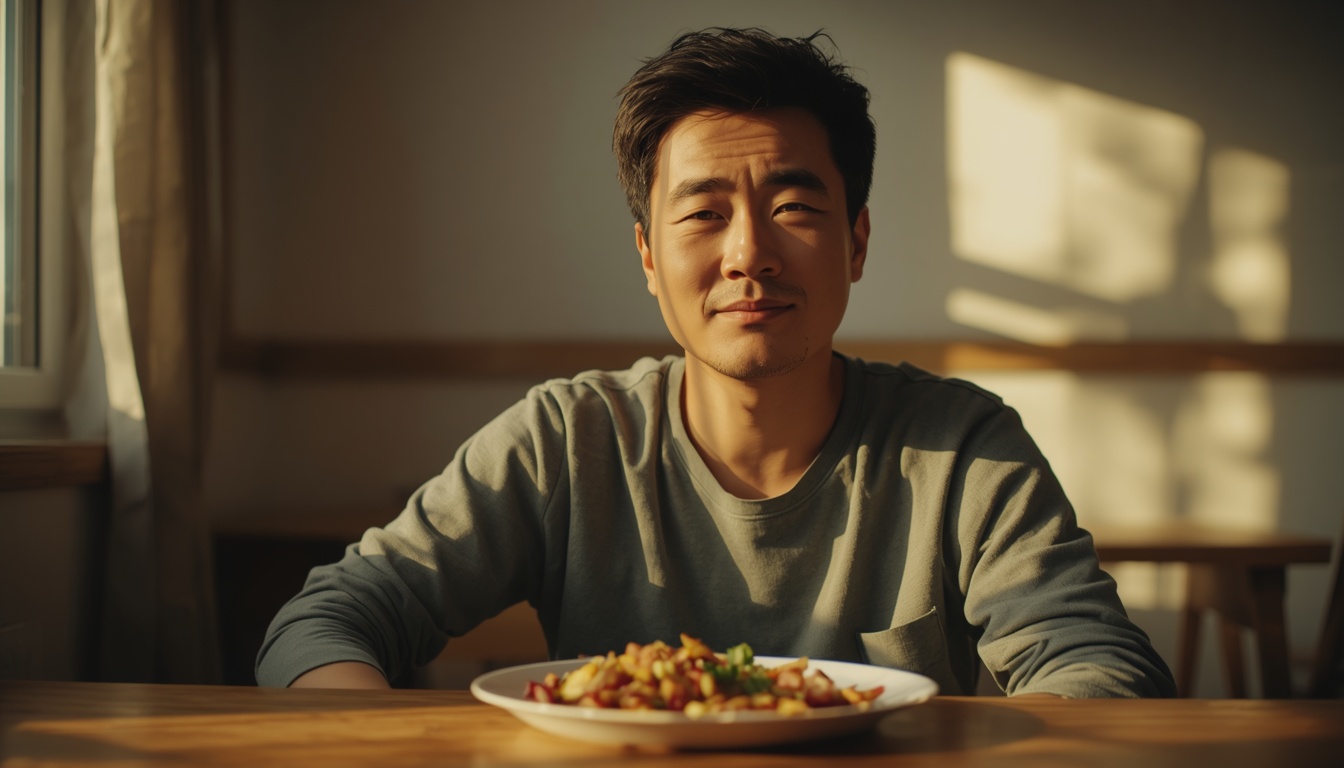 Adult at a sunlit table after a simple lunch, calm heavy-eyed expression as afternoon sleepiness settles in