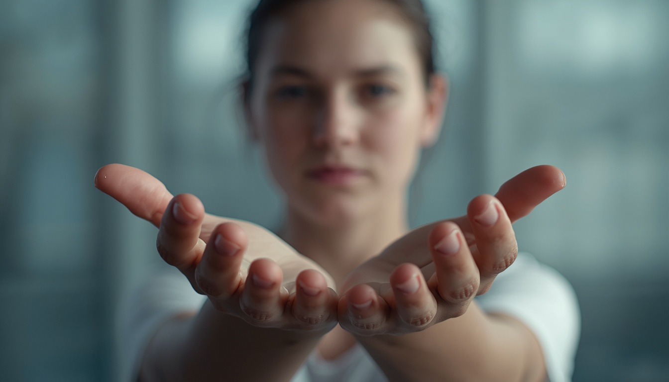 Close-up of a person’s hands resting on a table before a conversation, palms faintly glistening under soft indoor light, suggesting nervous sweat rather than heat