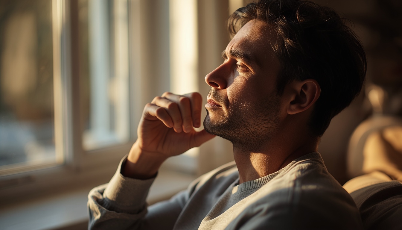 Adult waking in morning light with a calm hand on the jaw after noticing nighttime teeth grinding