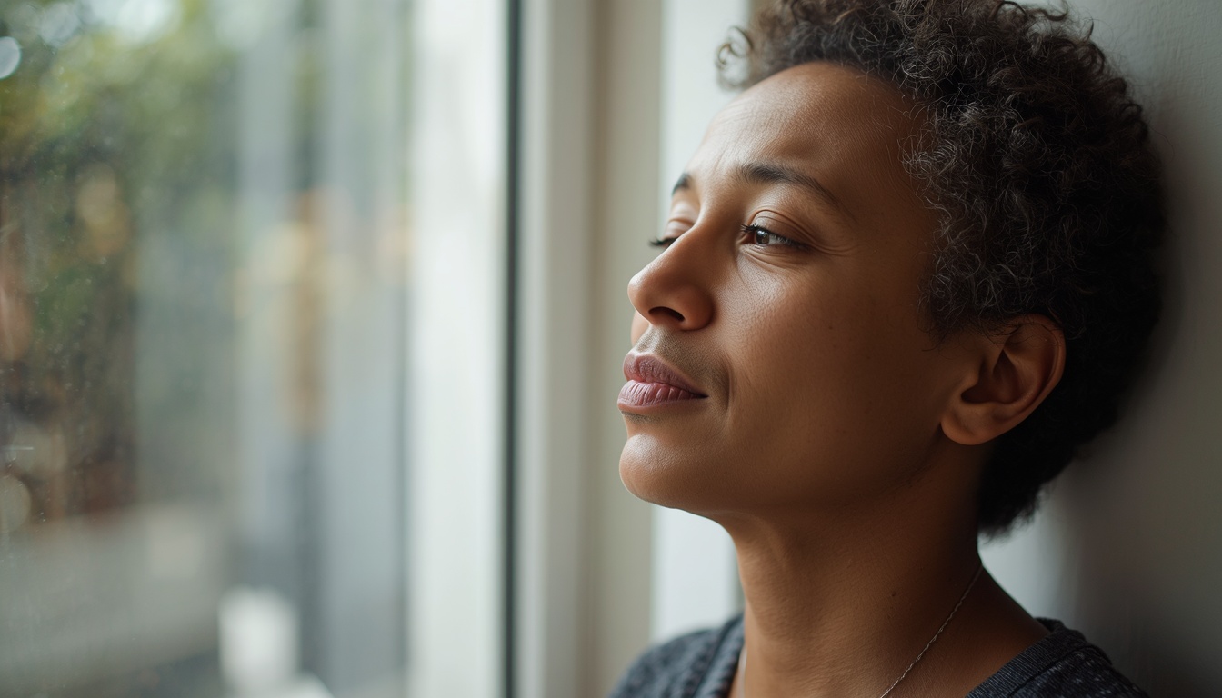Calm adult breathing quietly near a window, soft natural light on the face, relaxed indoor setting