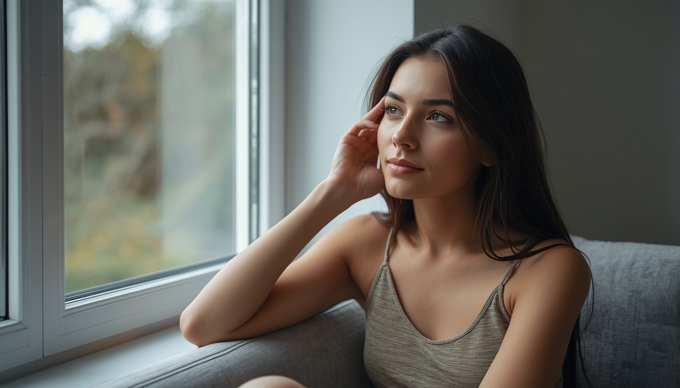 Calm adult sitting quietly near a window with one hand loosely near the ear in soft natural light