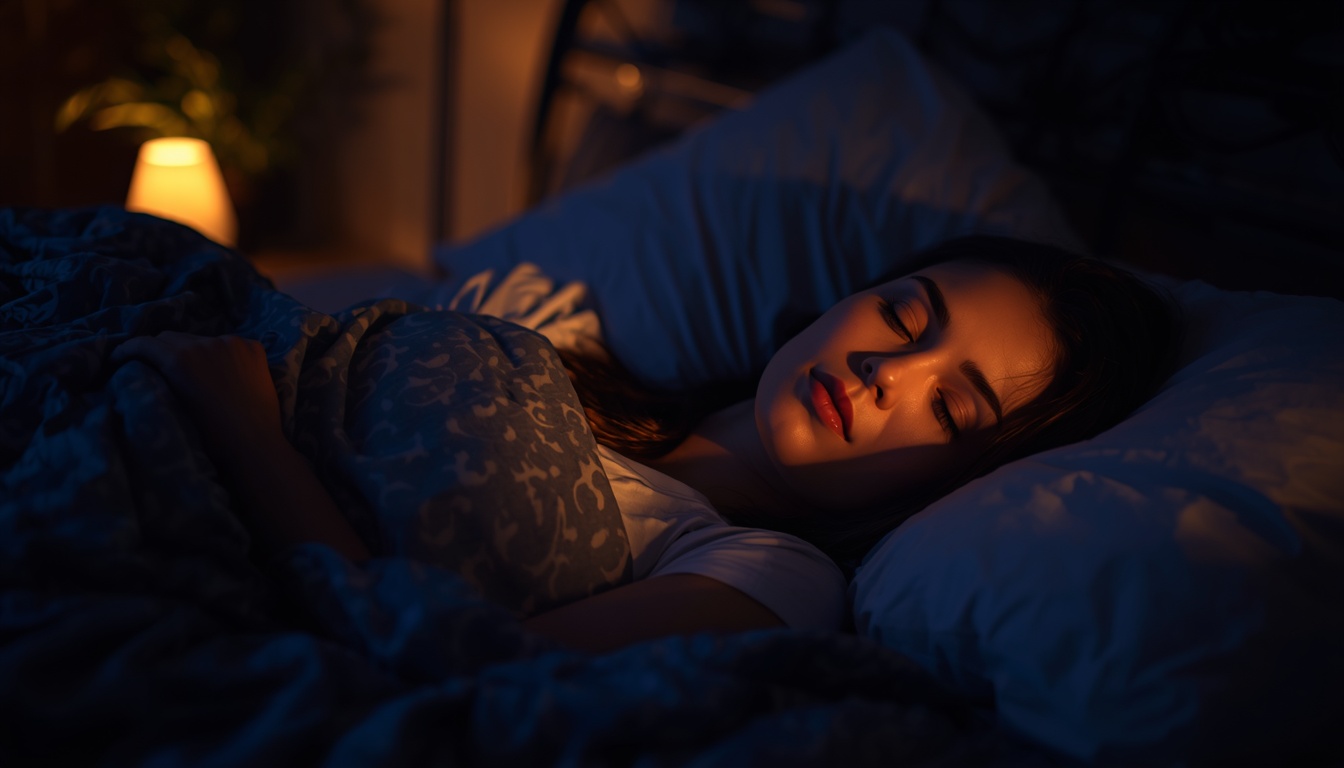 Calm adult lying in bed in dim evening light, just beginning to rest, peaceful bedroom, no alarm or distress
