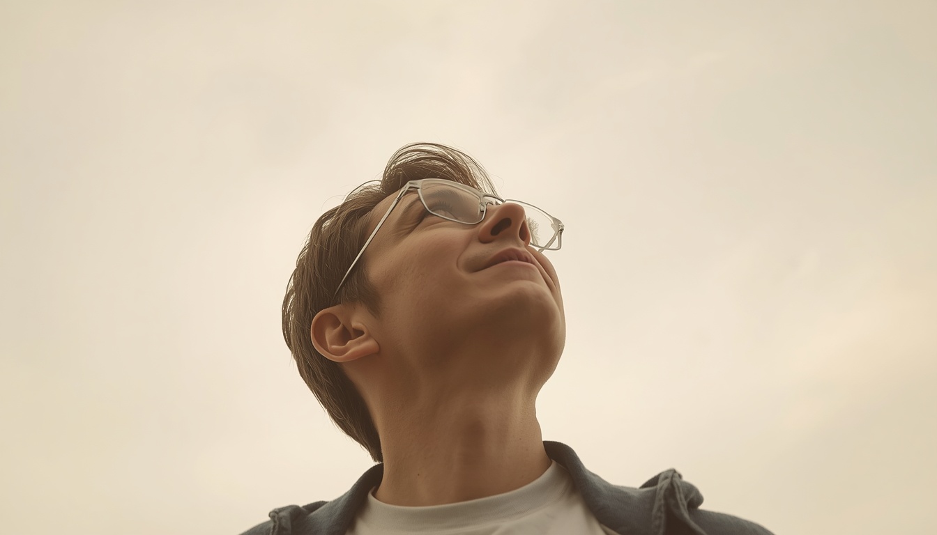 Adult looking toward a bright sky while noticing faint drifting specks in their vision, calm outdoor light