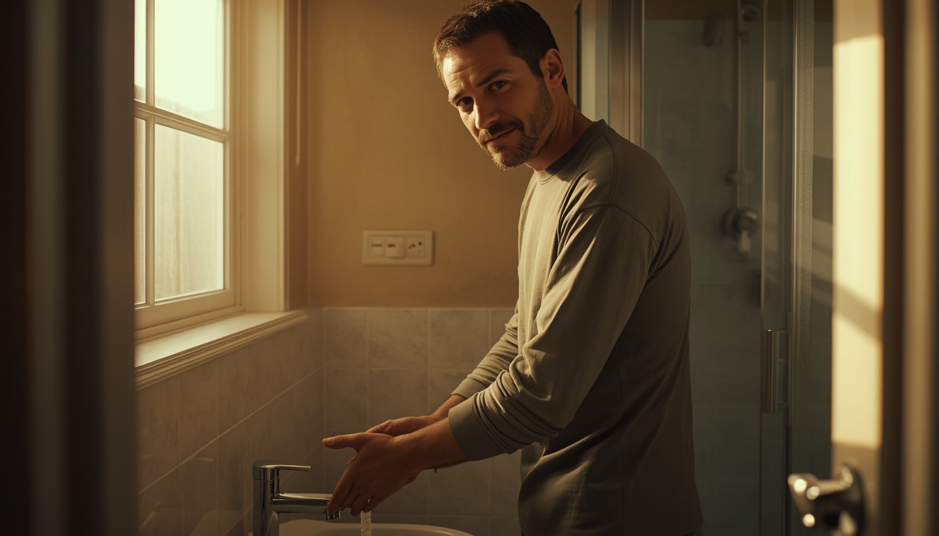 Adult standing in a sunlit bathroom after using the toilet, calm expression as a brief involuntary shiver fades