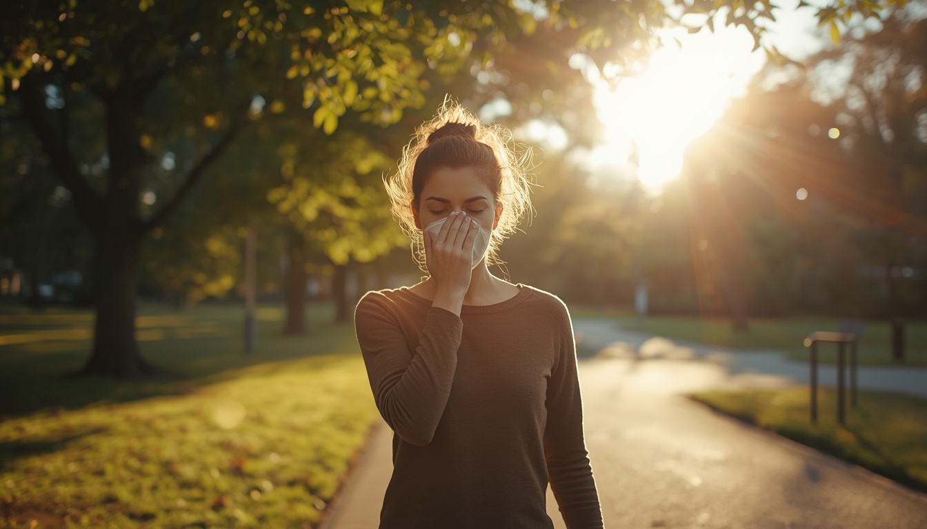 Calm adult stepping from shade into bright natural sunlight outdoors, eyes slightly narrowed, peaceful setting
