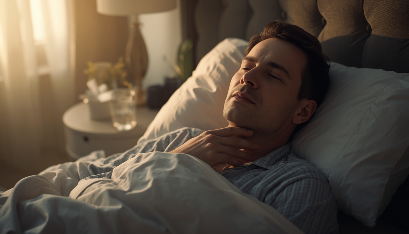 Calm adult sitting on the edge of a bed in soft morning light, glass of water in hand, no grimace, editorial health-magazine style