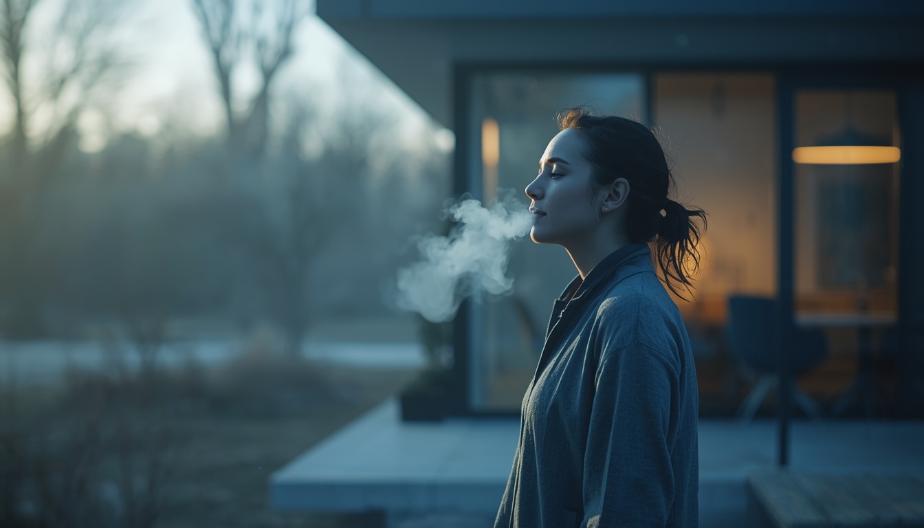 Person standing outdoors in cool natural morning light with visible breath, contrasting with a warm climate-controlled indoor space in the background, symbolizing the loss of mild cold exposure in modern life