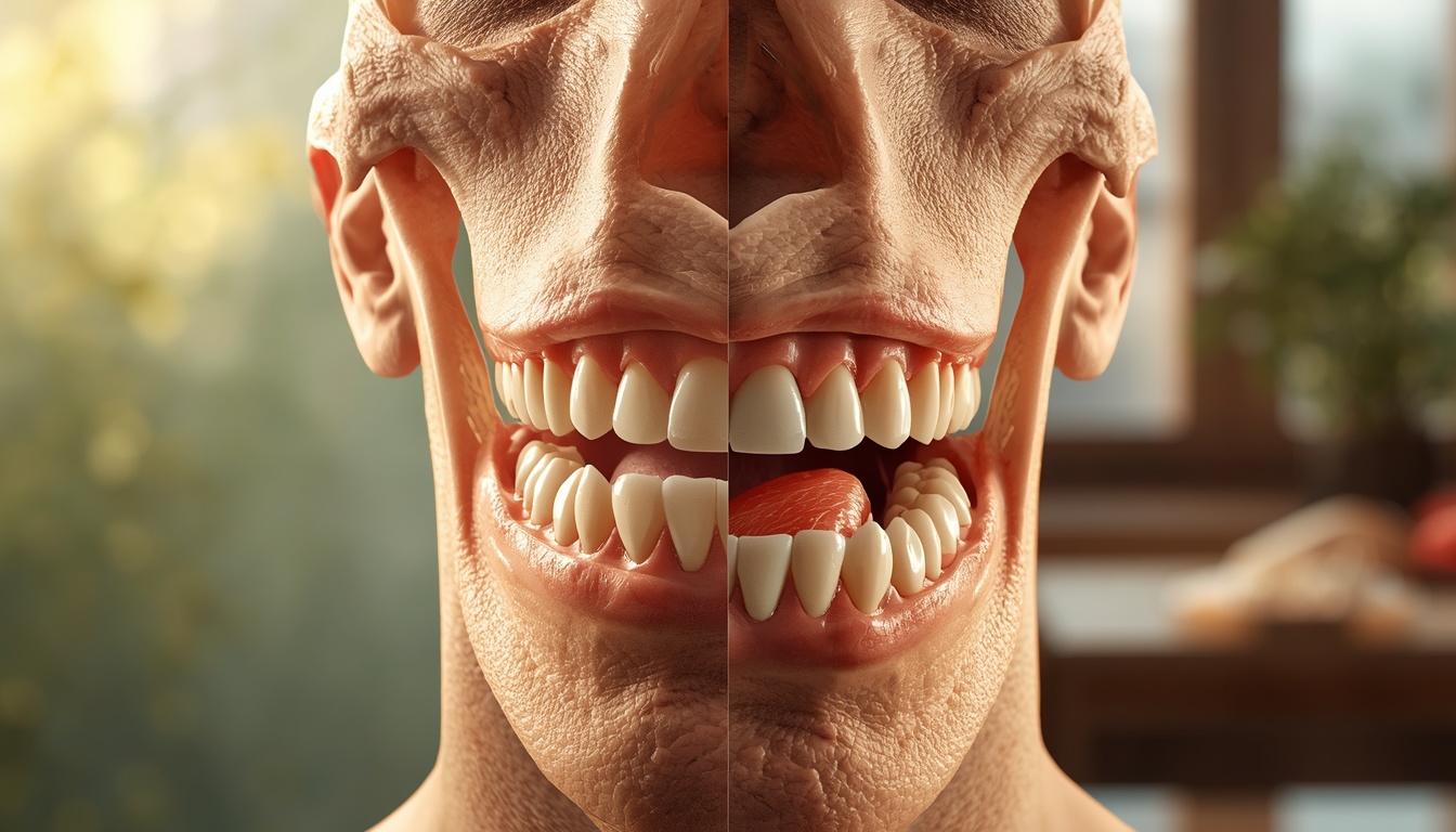 Comparison of a robust, wide ancestral dental arch with well-spaced teeth versus a narrower modern jaw with crowding, illustrating the impact of tough versus soft diets on facial development