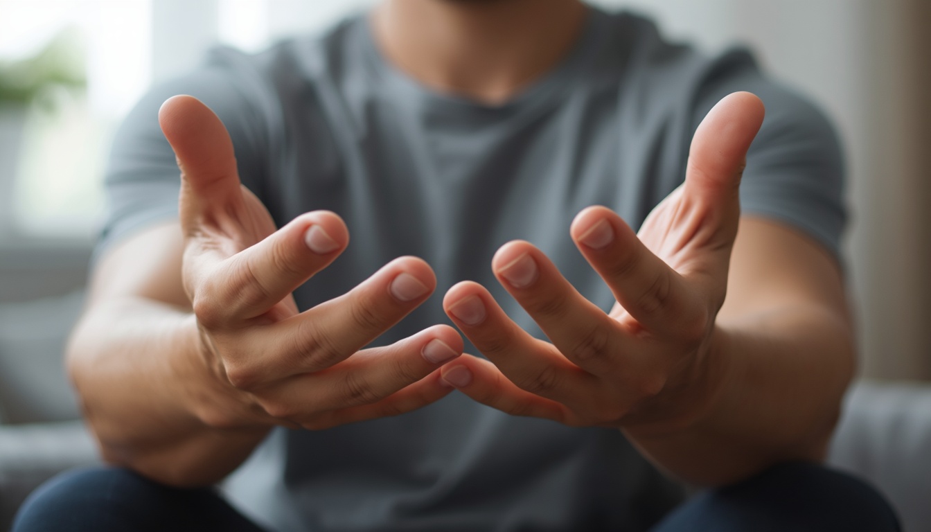 Close-up of relaxed hands with gently flexed fingers in soft natural light