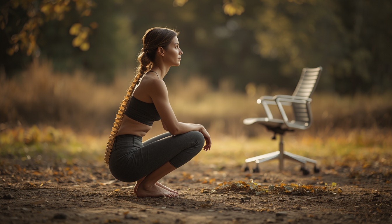 Person in a natural deep squat on outdoor ground with relaxed upright spine, contrasted with a modern chair in the background, illustrating ancestral posture versus chair sitting