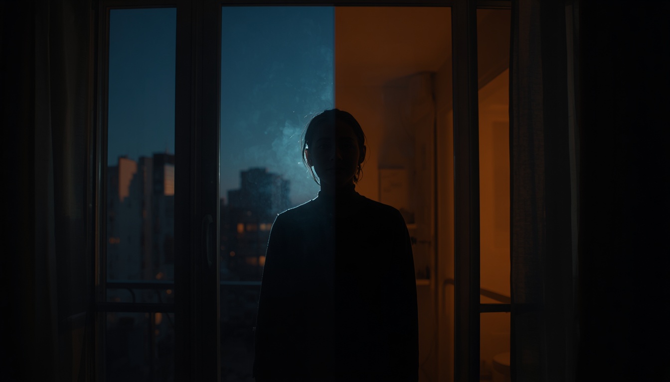 Person at dawn near a window with natural morning light, contrasted with evening indoor electric lighting, illustrating circadian light mismatch