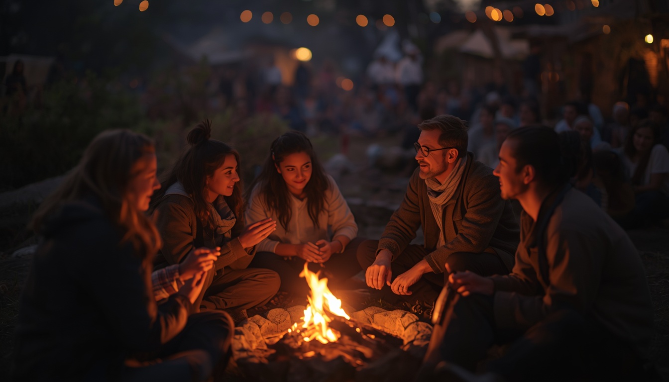 Small group of people gathered closely around a fire in a natural setting, representing the intimate tribal-scale social connections the human brain evolved to expect