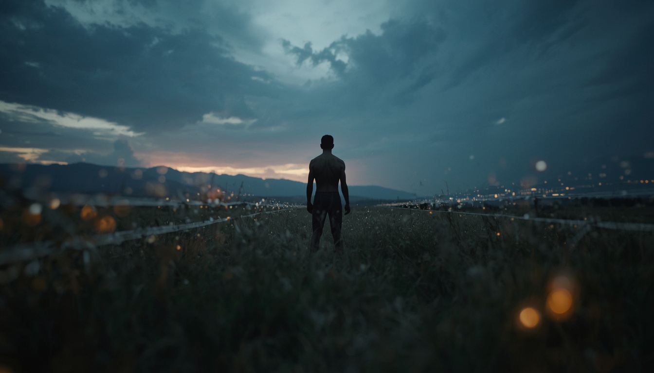 Human figure in a natural landscape with subtle cues of an ancient acute threat fading away, contrasted with persistent modern digital and urban stressors, symbolizing the mismatch in stress response