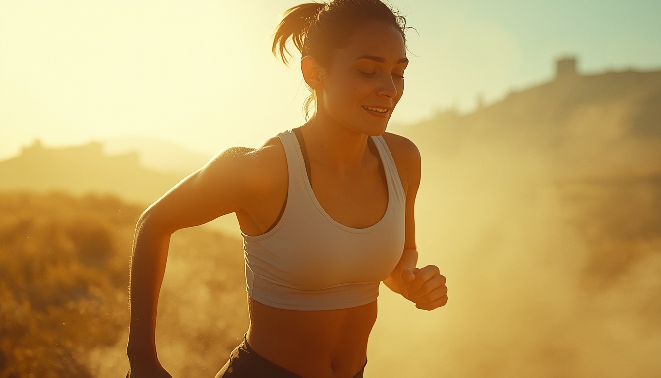 Person moving steadily outdoors in warm natural light with healthy visible sweating, contrasted with a cool climate-controlled indoor environment, illustrating under-use of the human sweat system