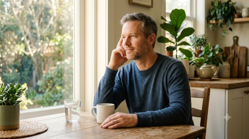 Adult at a sunlit kitchen table in the morning, one hand resting at the temple beside a glass of water