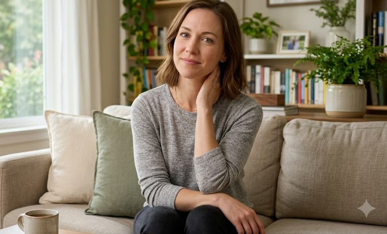 Person in morning window light sitting upright and gently holding the side of a stiff neck