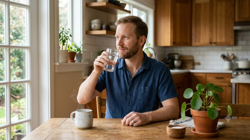Adult at a sunlit kitchen table in the morning holding a glass of water