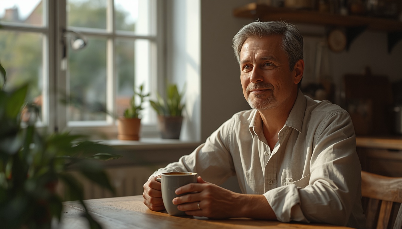 Adult at a wooden kitchen table with a ceramic coffee mug in warm morning window light, calm unhurried expression
