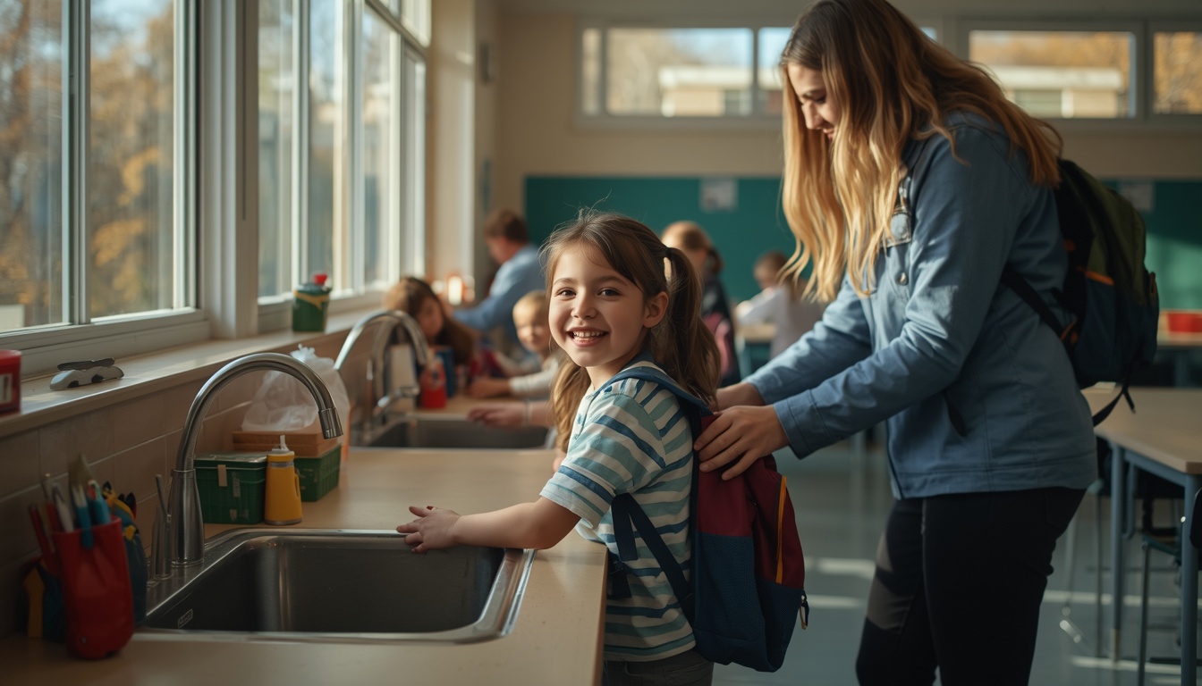 Young children in a classroom washing hands and playing, illustrating back-to-school germ exposure