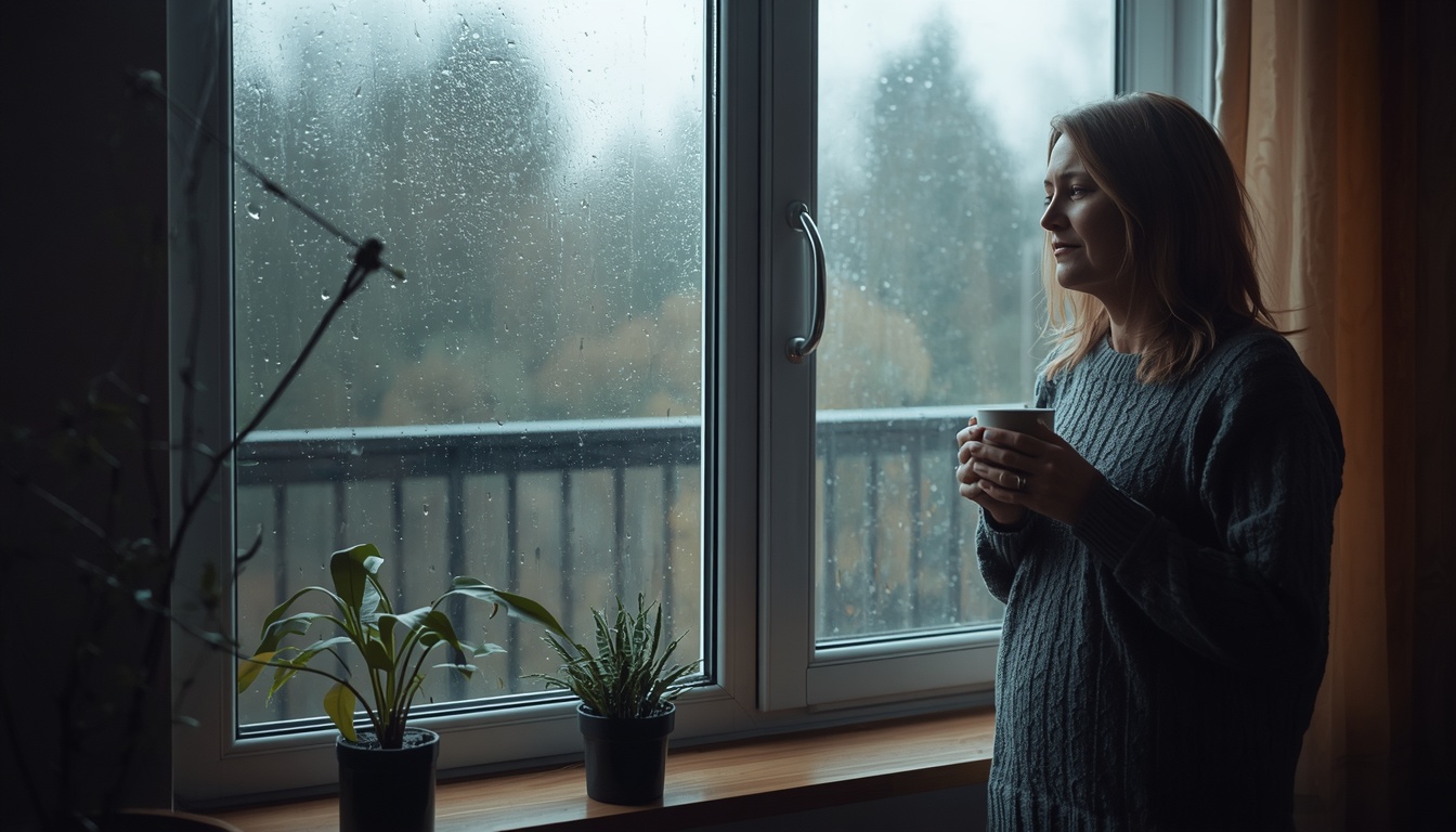 Calm adult standing by a rain-streaked window with soft grey daylight, a mug in hand, thoughtful rather than pained, cozy room interior