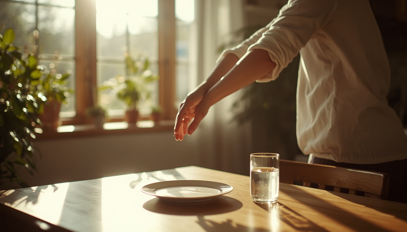 Sunlit kitchen table after lunch with a half-finished plate, glass of water, and a calm adult standing and stretching beside the chair